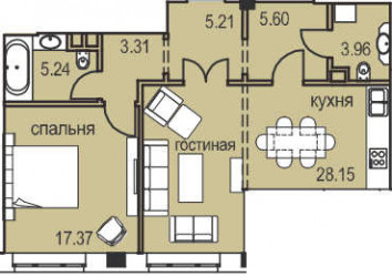 Двухкомнатная квартира 68.85 м²