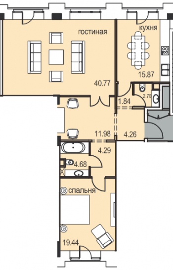 Двухкомнатная квартира 105.84 м²