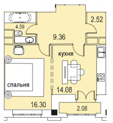 Однокомнатная квартира 47.87 м²