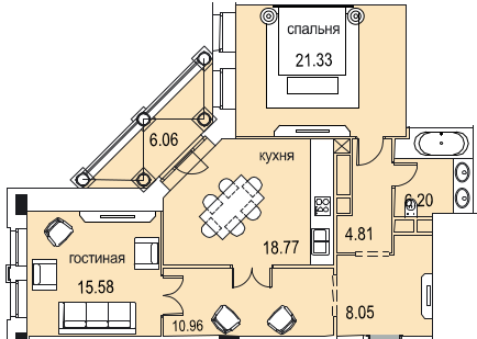 Двухкомнатная квартира 88.72 м²